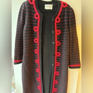 Vintage Adolfo Black and Red Women's Striped Cardigan Sweater